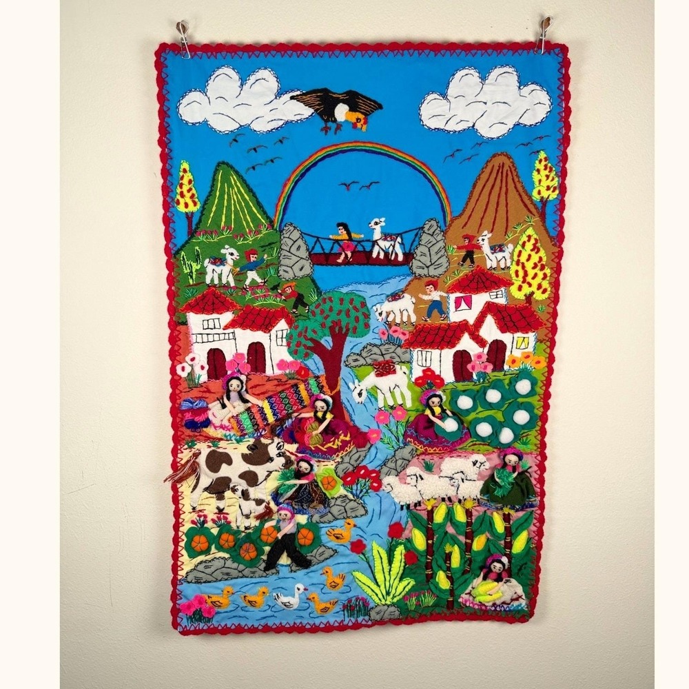 Handmade Peruvian Arpillera Wall Hanging: 3D Andean Village Quilt (20"x30")